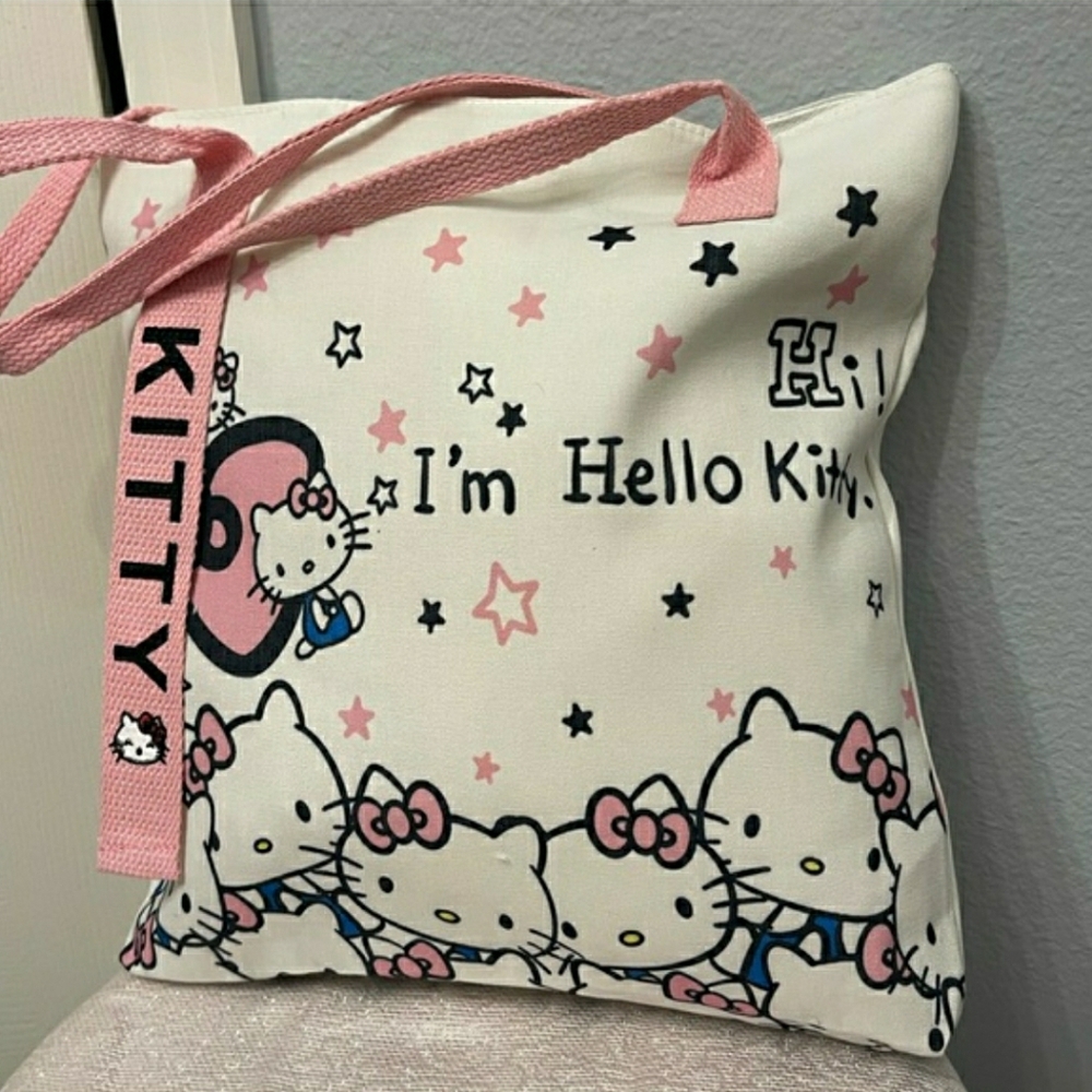 NWT! Hello Kitty  'Hi I'm Hello Kitty' Zip Closure Tote Bag (Cream & Pink) - Picture 4 of 7